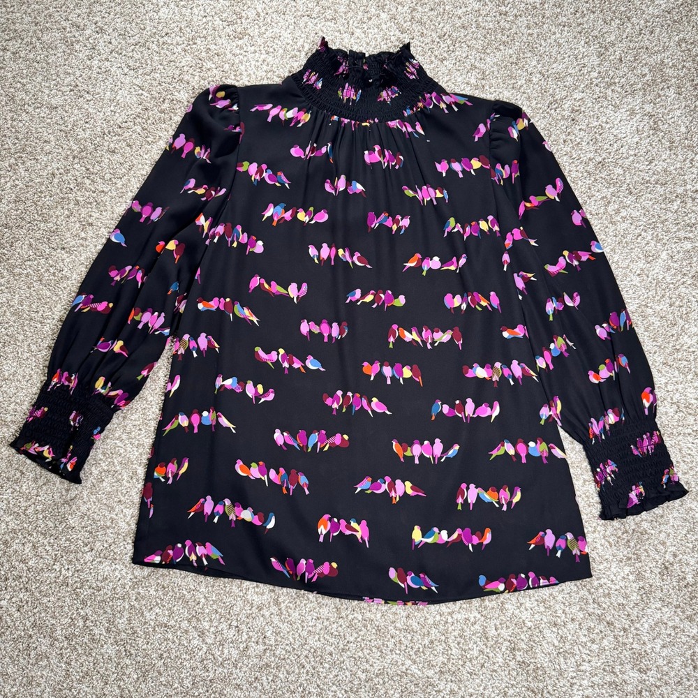 Kate Spade New York Womens Size S Bird Print Smocked High Neck Blouse Black - Picture 1 of 14